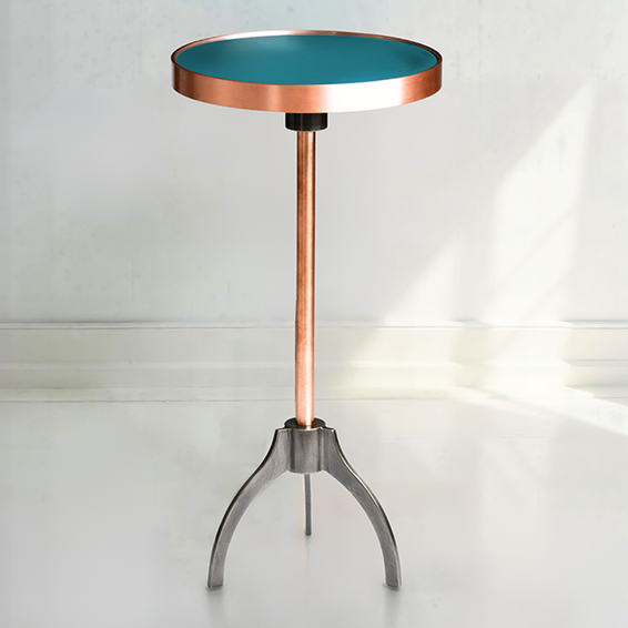 Porcelain enamel French Bistro style table with solid copper + Blued steel tripod base