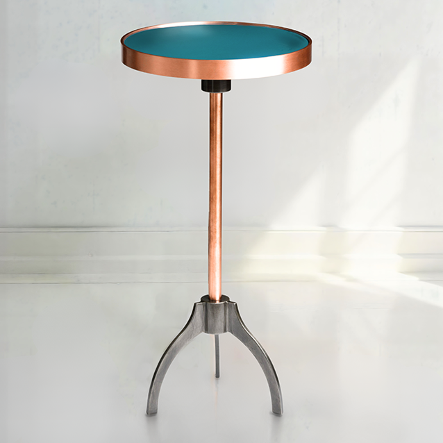 Porcelain enamel French Bistro style table with solid copper + Blued steel tripod base
