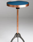 Handcrafted Slate Bay Blue Bourbon Cocktail Table with writable porcelain enamel top, copper frame, and blued steel base