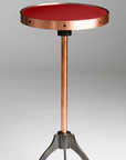Handcrafted Heartthrob Red Bourbon Cocktail Table with writable porcelain enamel top, copper frame, and blued steel base