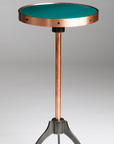Handcrafted Oceanic Teal Bourbon Cocktail Table with writable porcelain enamel top, copper frame, and blued steel base
