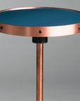 Handcrafted Slate Bay Blue Bourbon Cocktail Table with writable porcelain enamel top, copper frame, and blued steel base