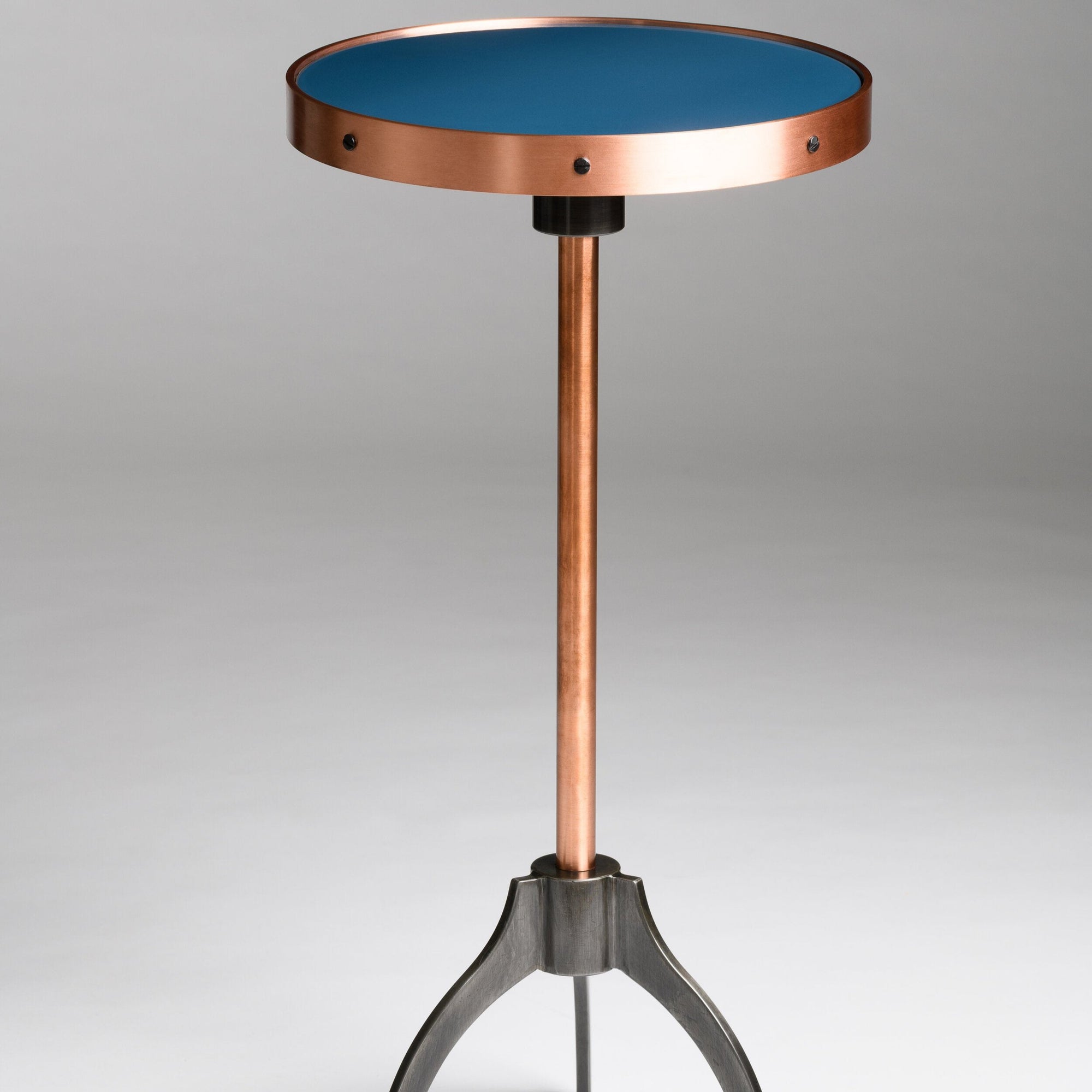 Handcrafted Slate Bay Blue Bourbon Cocktail Table with writable porcelain enamel top, copper frame, and blued steel base