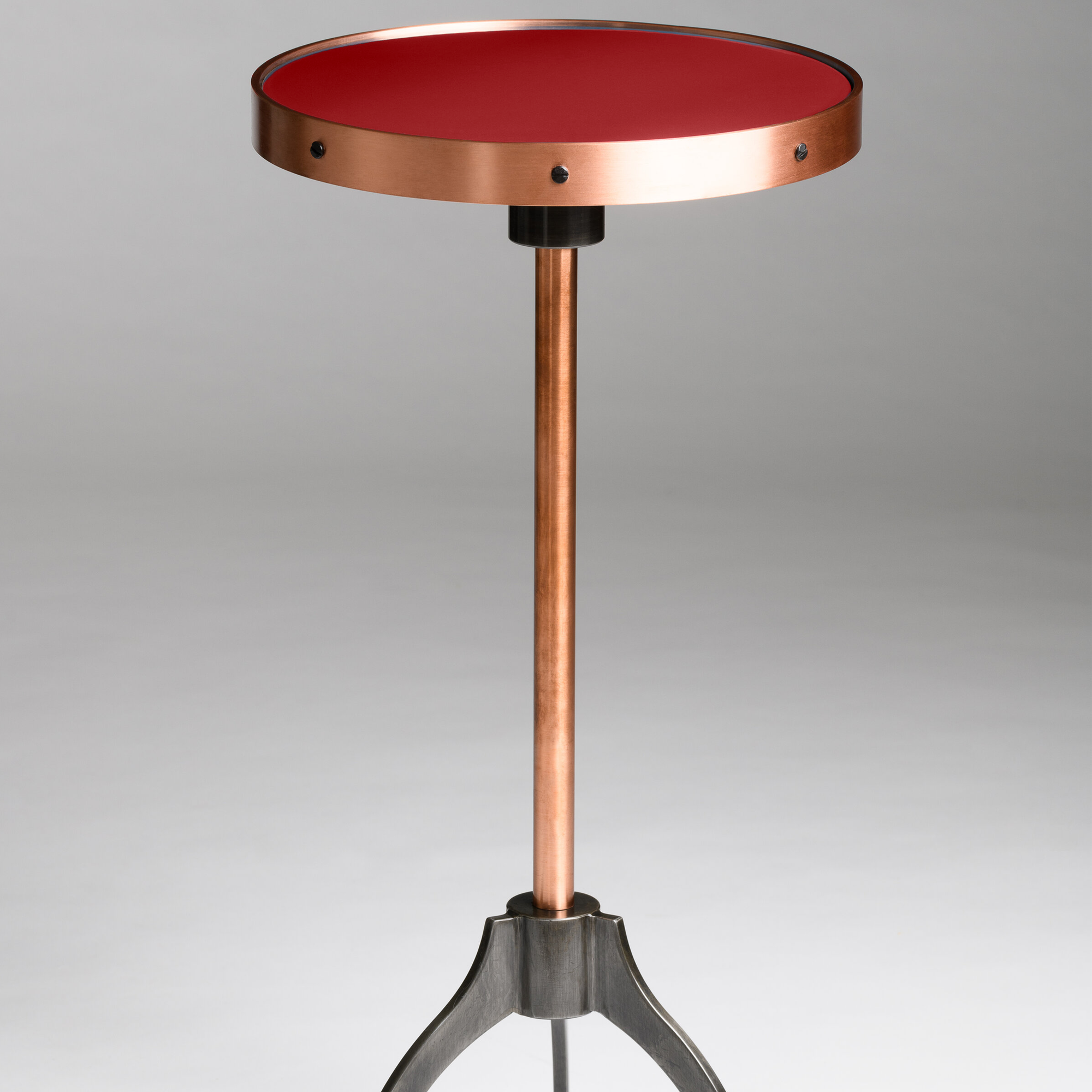 Handcrafted Heartthrob Red Bourbon Cocktail Table with writable porcelain enamel top, copper frame, and blued steel base
