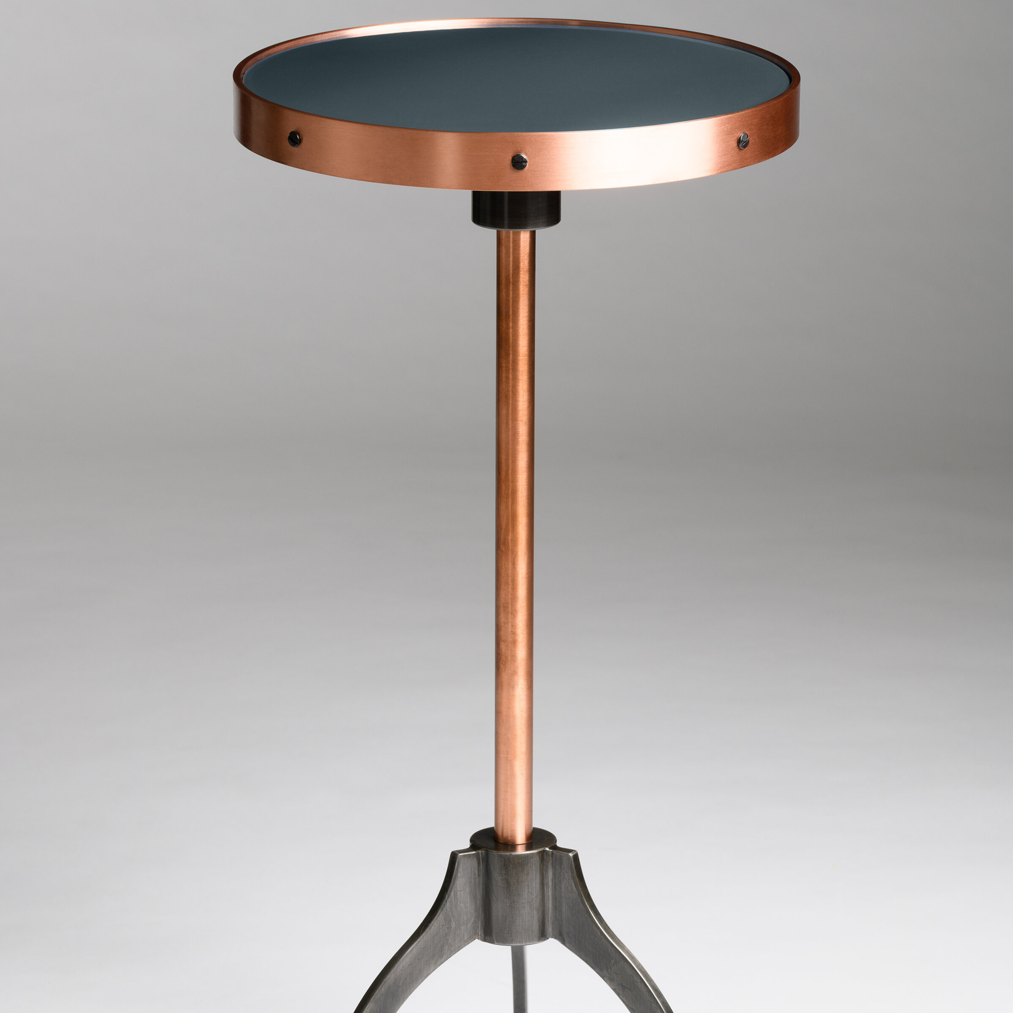 Handcrafted Storm Cloud Grey Bourbon Cocktail Table with writable porcelain enamel top, copper frame, and blued steel base