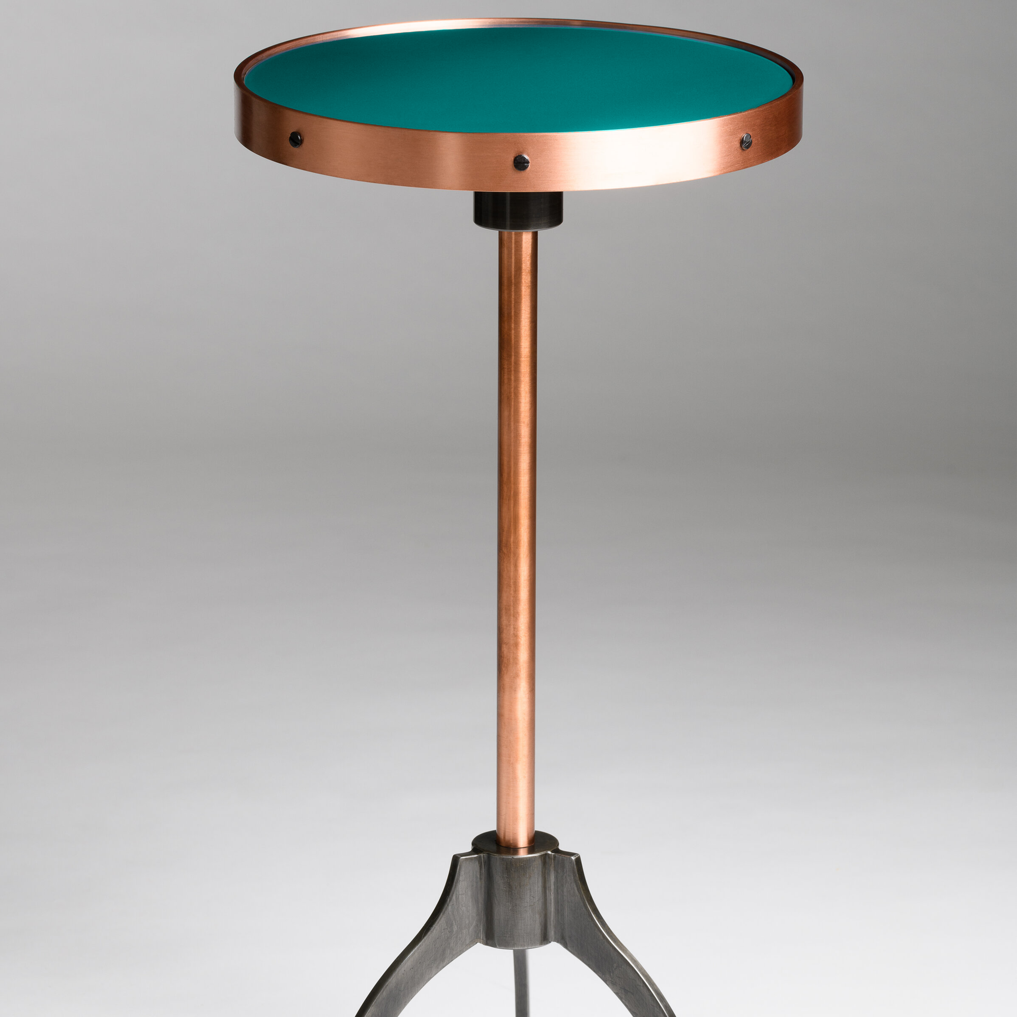 Handcrafted Oceanic Teal Bourbon Cocktail Table with writable porcelain enamel top, copper frame, and blued steel base