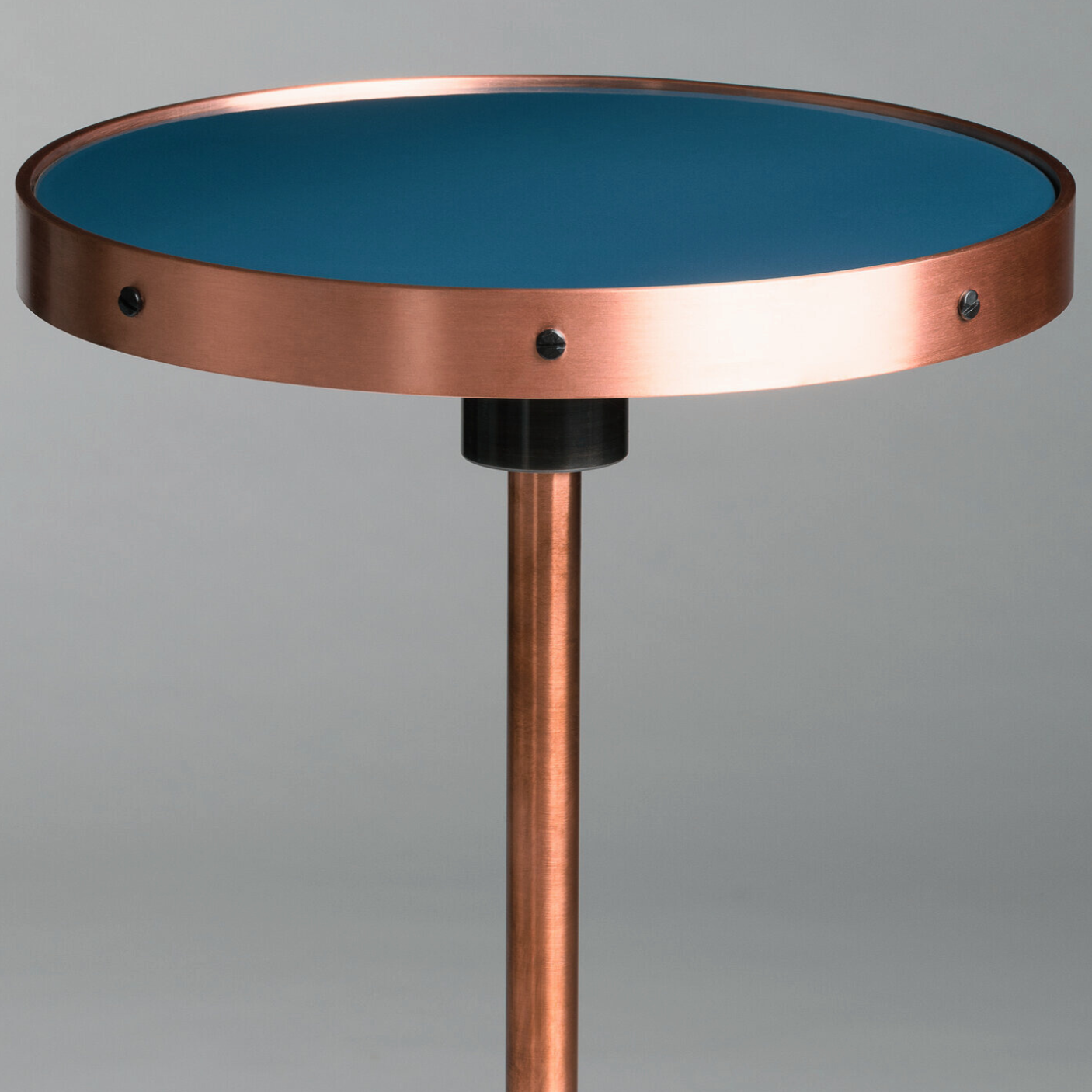 Handcrafted Slate Bay Blue Bourbon Cocktail Table with writable porcelain enamel top, copper frame, and blued steel base